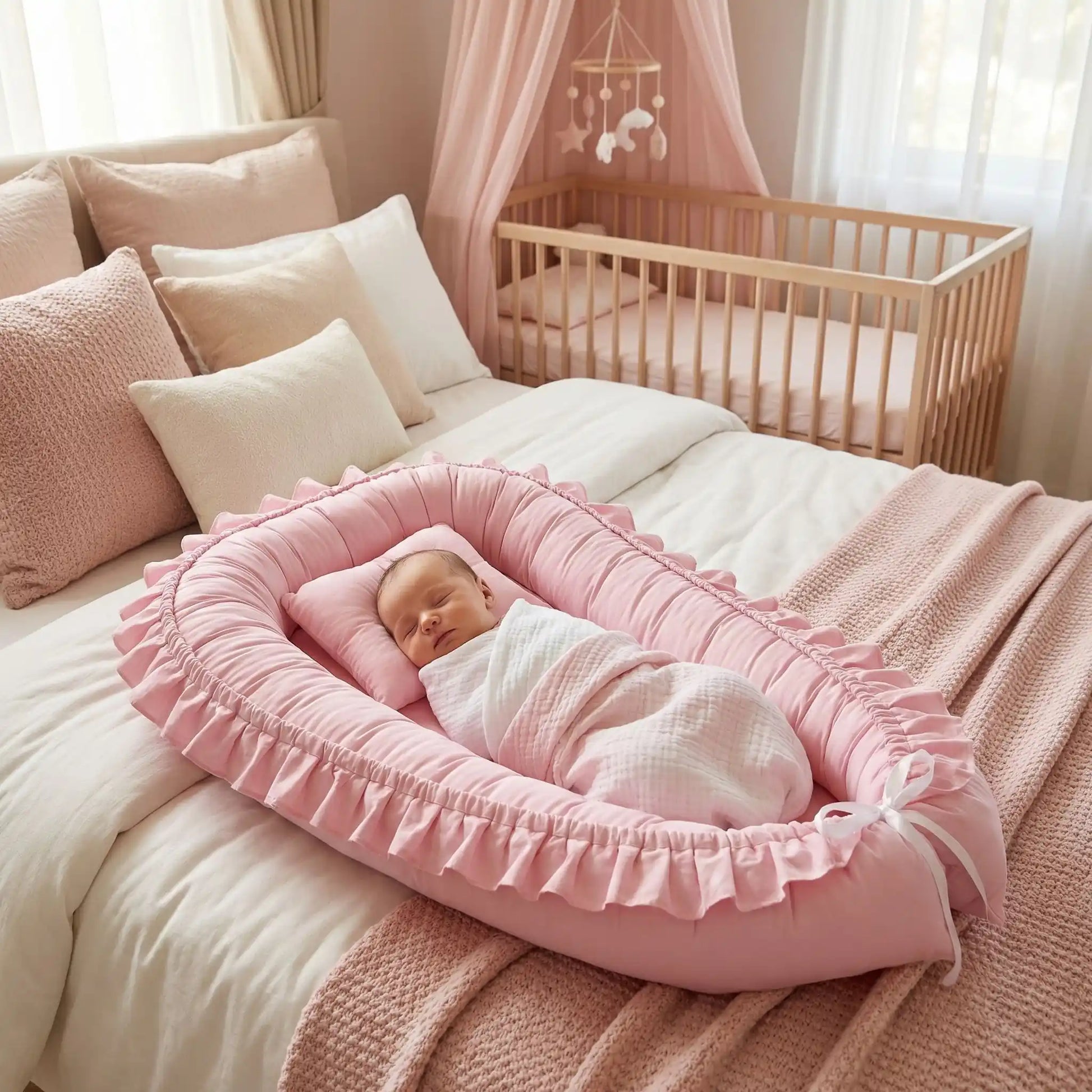 reducteur de lit rose sur un lit 